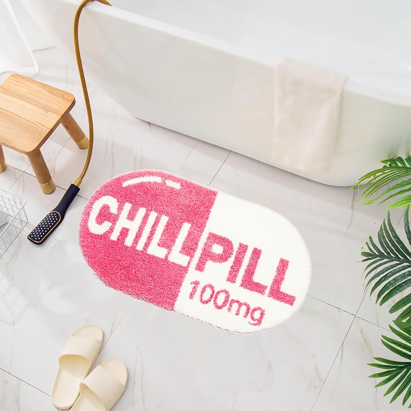 UKELER Cute Chill Pill Bath Mat Pink Funny Absorbent Small Bathroom Décor Rug Non Slip Washable Accent Bathroom Rugs for Shower, Sink, Tub, Entry Way, Toilet, 27.5"×15.5" - Image 1